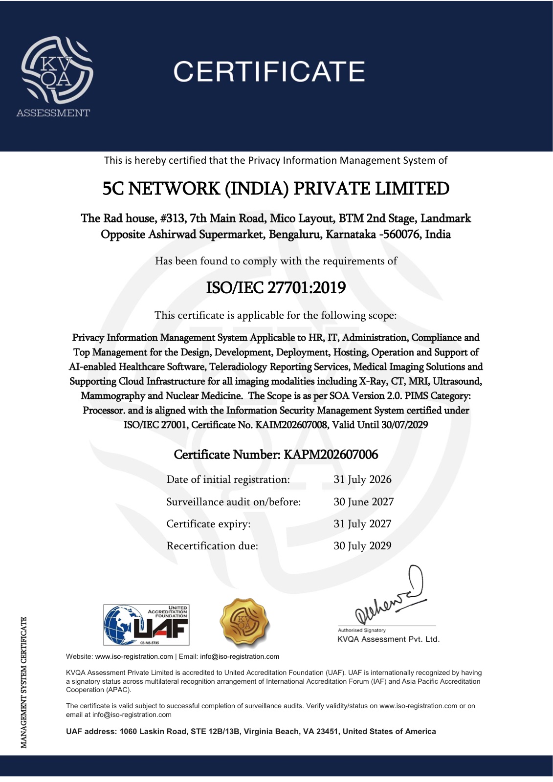ISO 27701:2019 Certificate