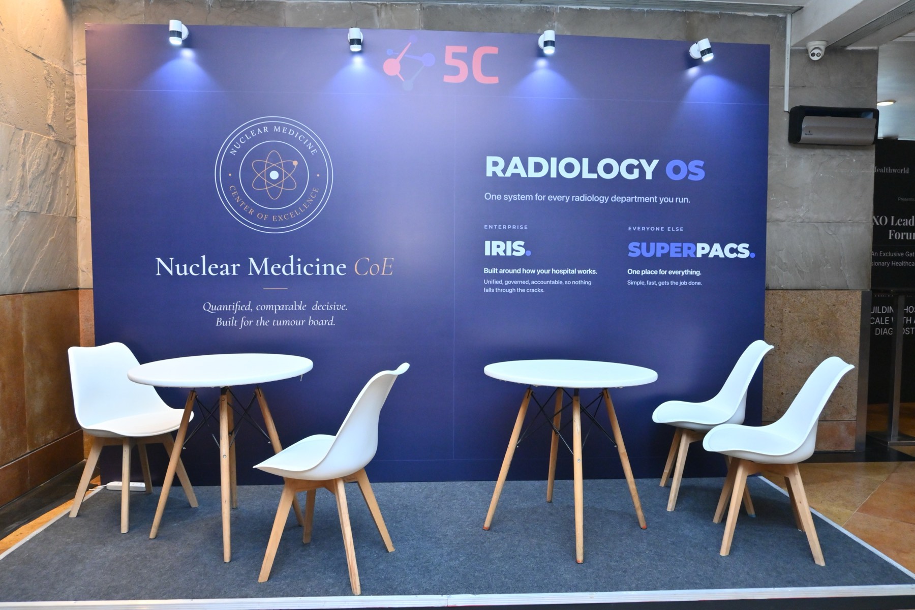 5C Network's lounge at the forum, showing the Radiology OS, IRIS, SuperPACS and the Nuclear Medicine Centre of Excellence.