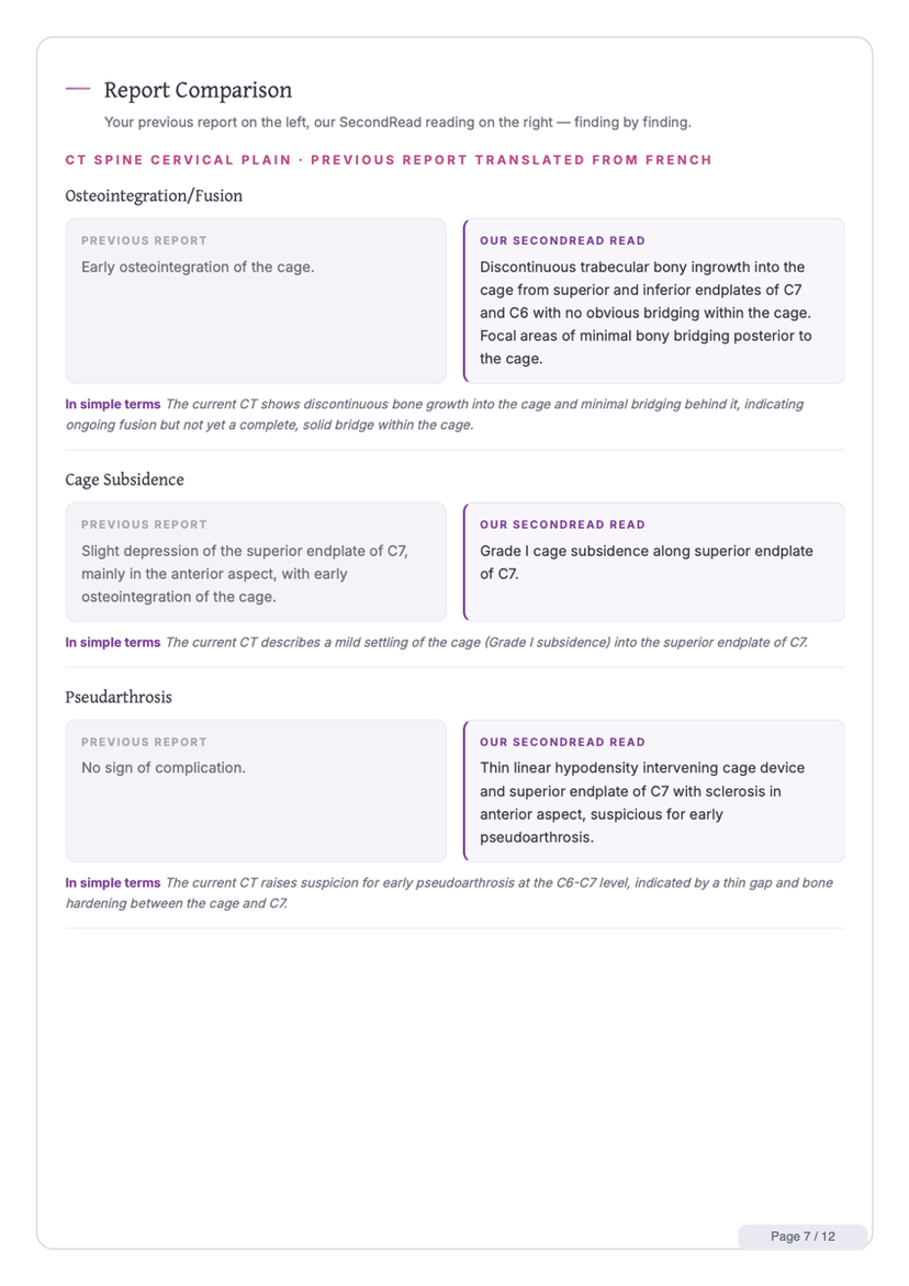 Report Comparison page: the previous report beside the 5C second read, finding by finding