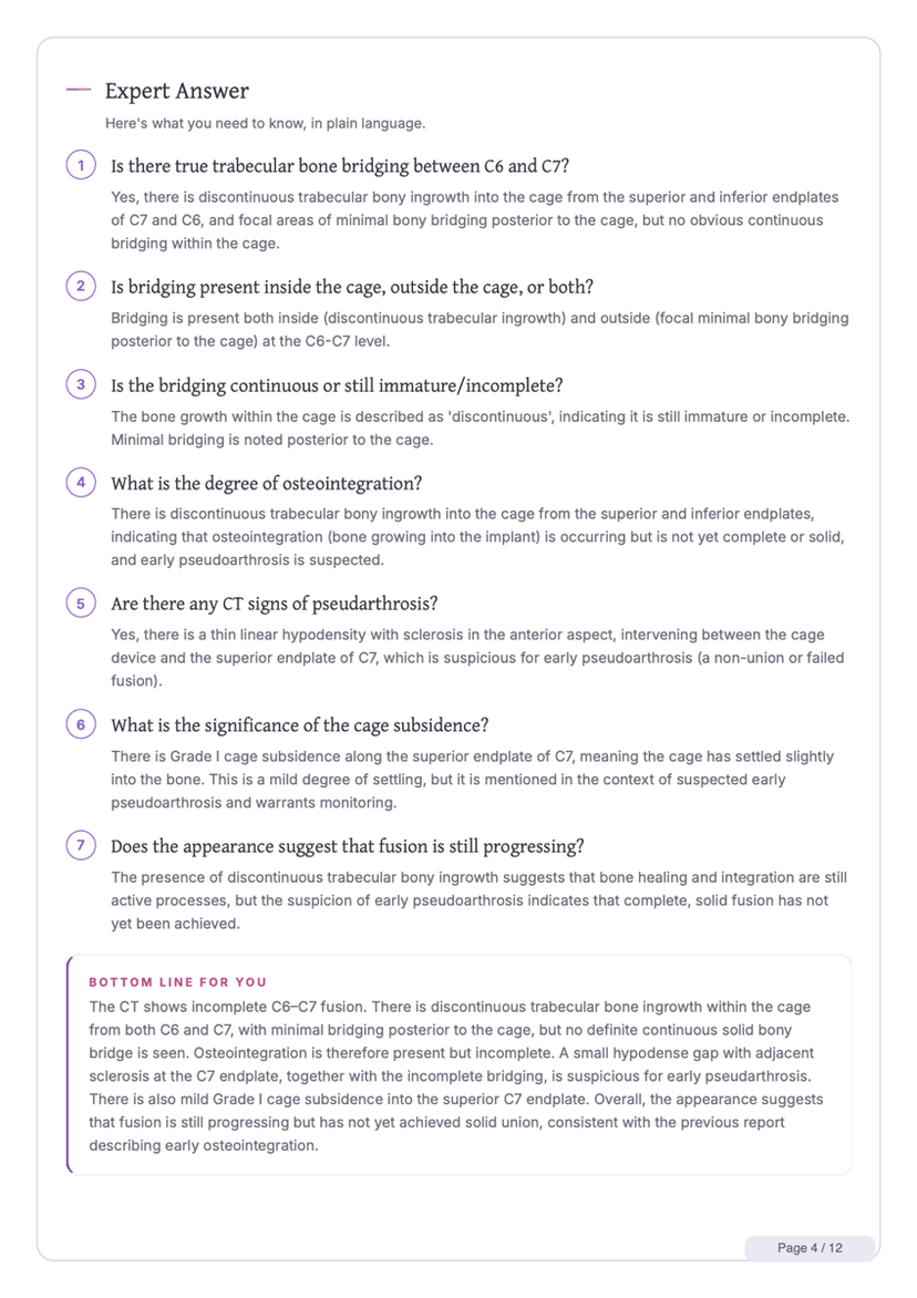 Expert Answer page of the sample report: the patient’s questions answered one by one