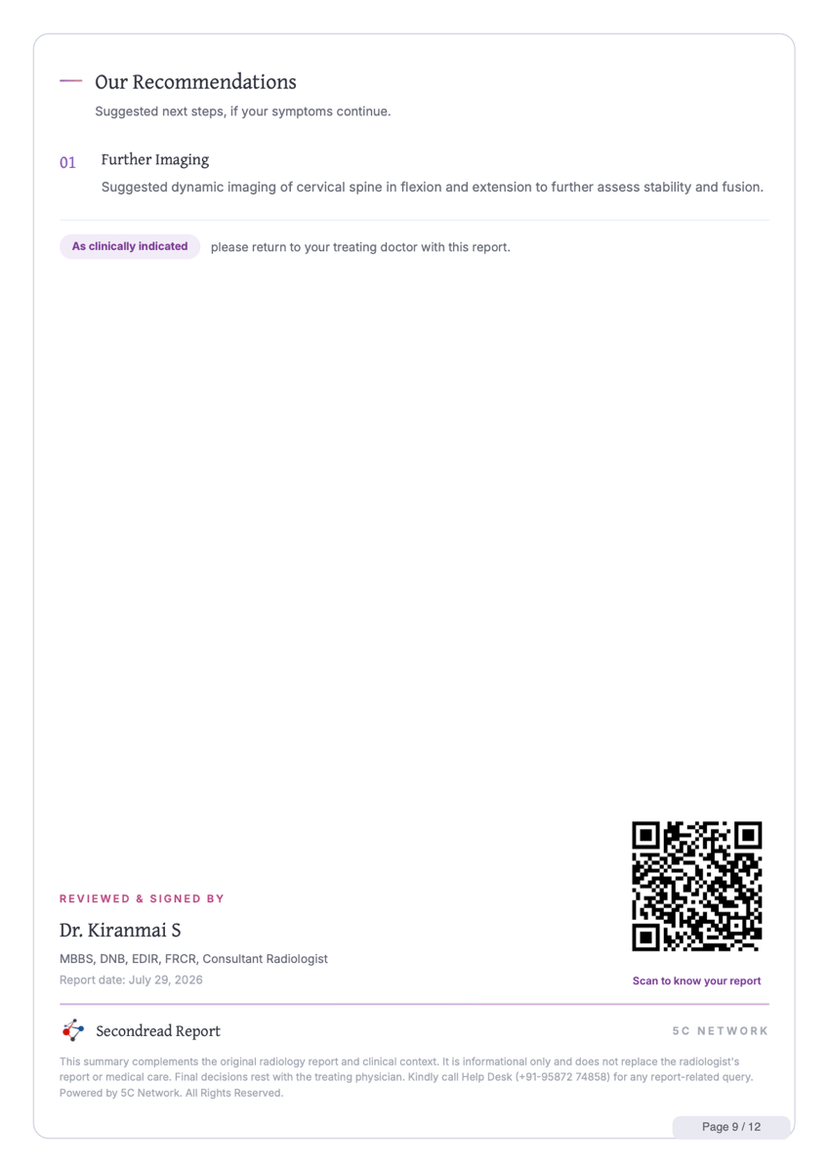Recommendations page with the signing consultant radiologist’s name and qualifications