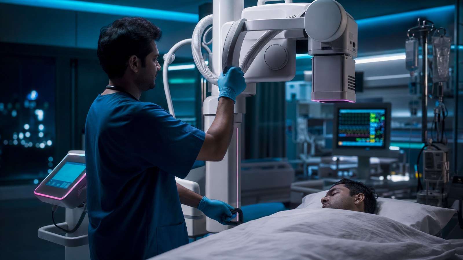 Clinician operating a mobile digital X-ray machine at the bedside of a patient in a modern Indian ICU at night, bathed in cool clinical light.