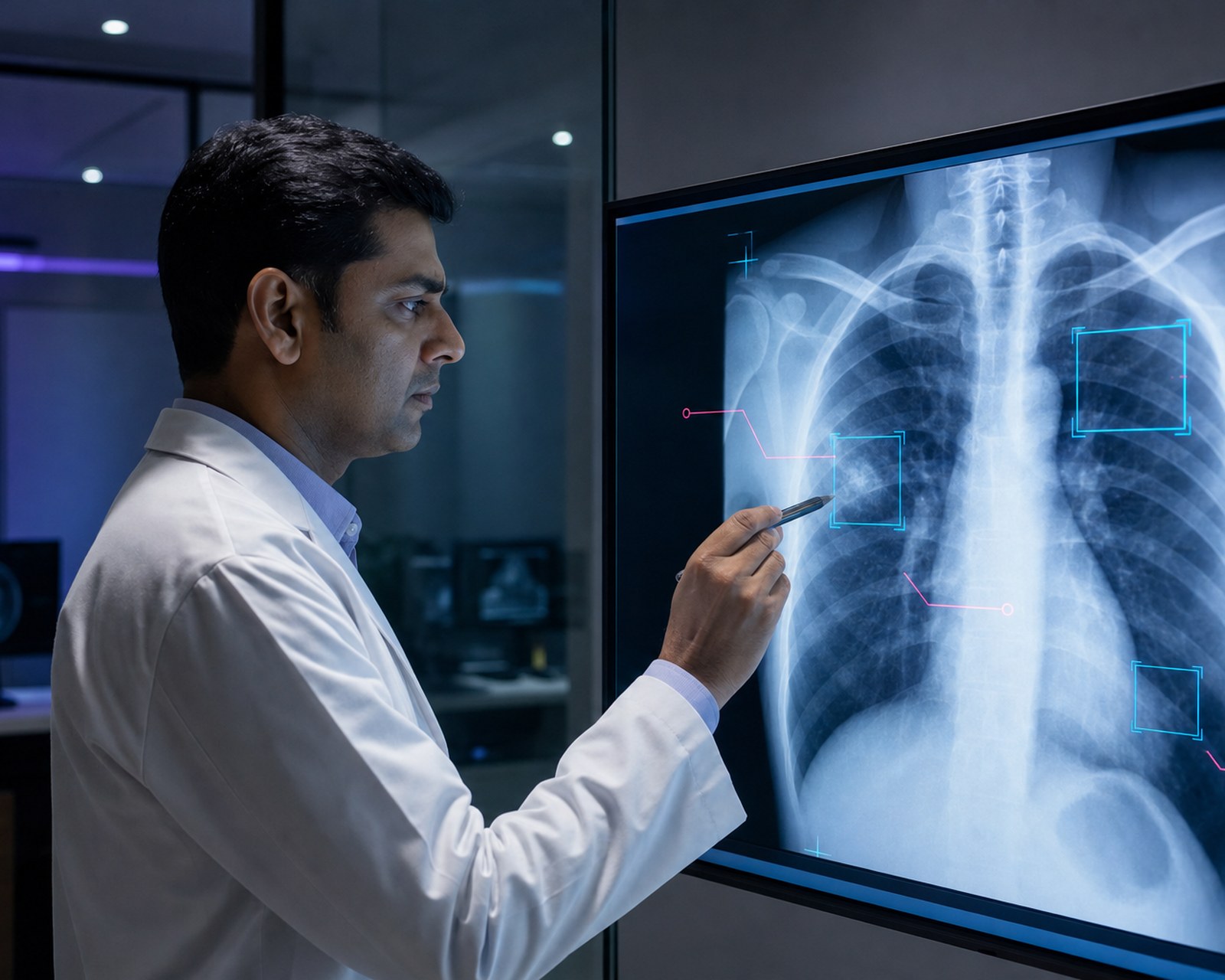 Indian radiologist examining a chest X-ray with subtle cyan AI overlay annotations on a high-end medical display in a modern hospital reading room.