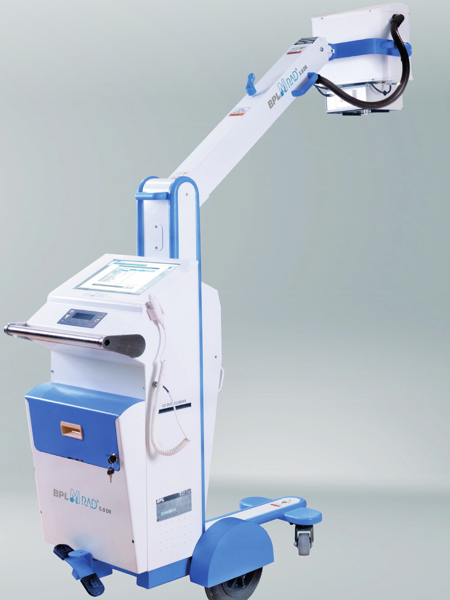 BPL MRAD 5.0 DR mobile digital X-ray machine with extended arm and 16-inch touch console.