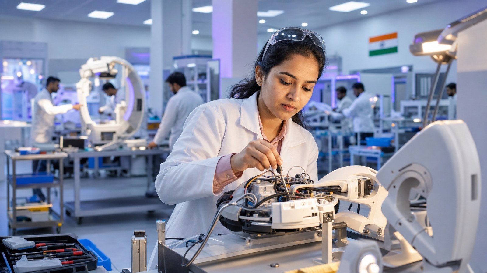 Indian female engineer calibrating a medical-device subassembly on a precision workbench inside a modern Indian medical-device manufacturing facility.